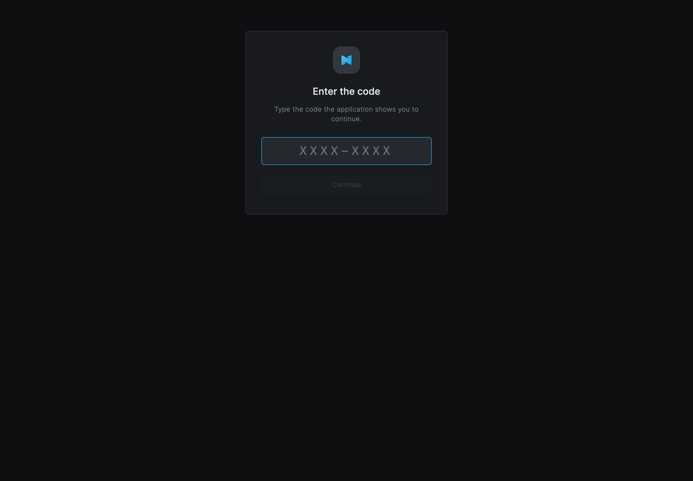 The Netzilo sign-in page headed Enter the code, with the text Type the code the application shows you to continue, an input with the placeholder XXXX-XXXX and a Continue button