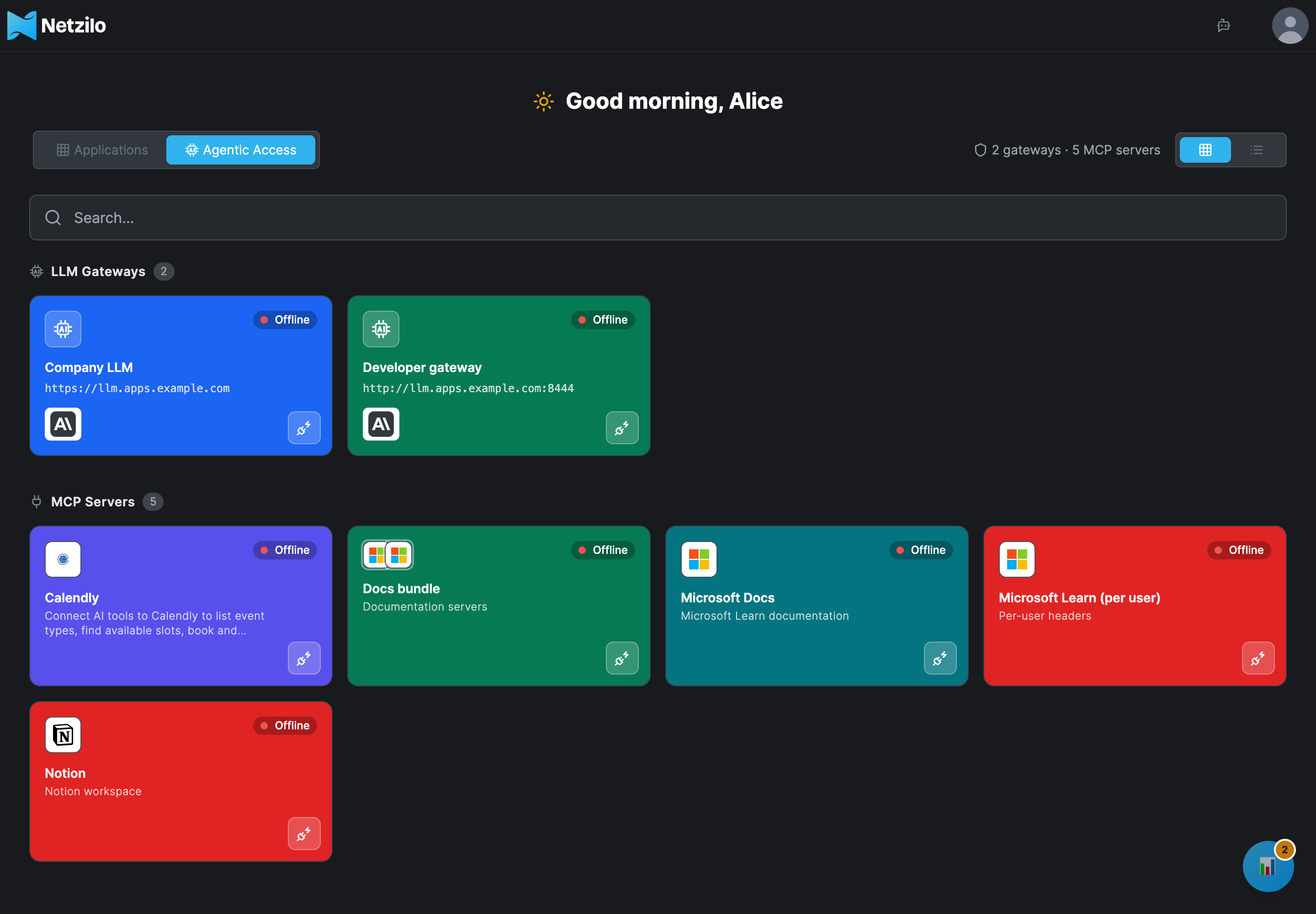The Workplace Agentic Access tab with the counter 2 gateways · 5 MCP servers, an LLM Gateways section with two gateway cards showing their address and an Anthropic icon, and an MCP Servers section with five server cards, among them a bundle