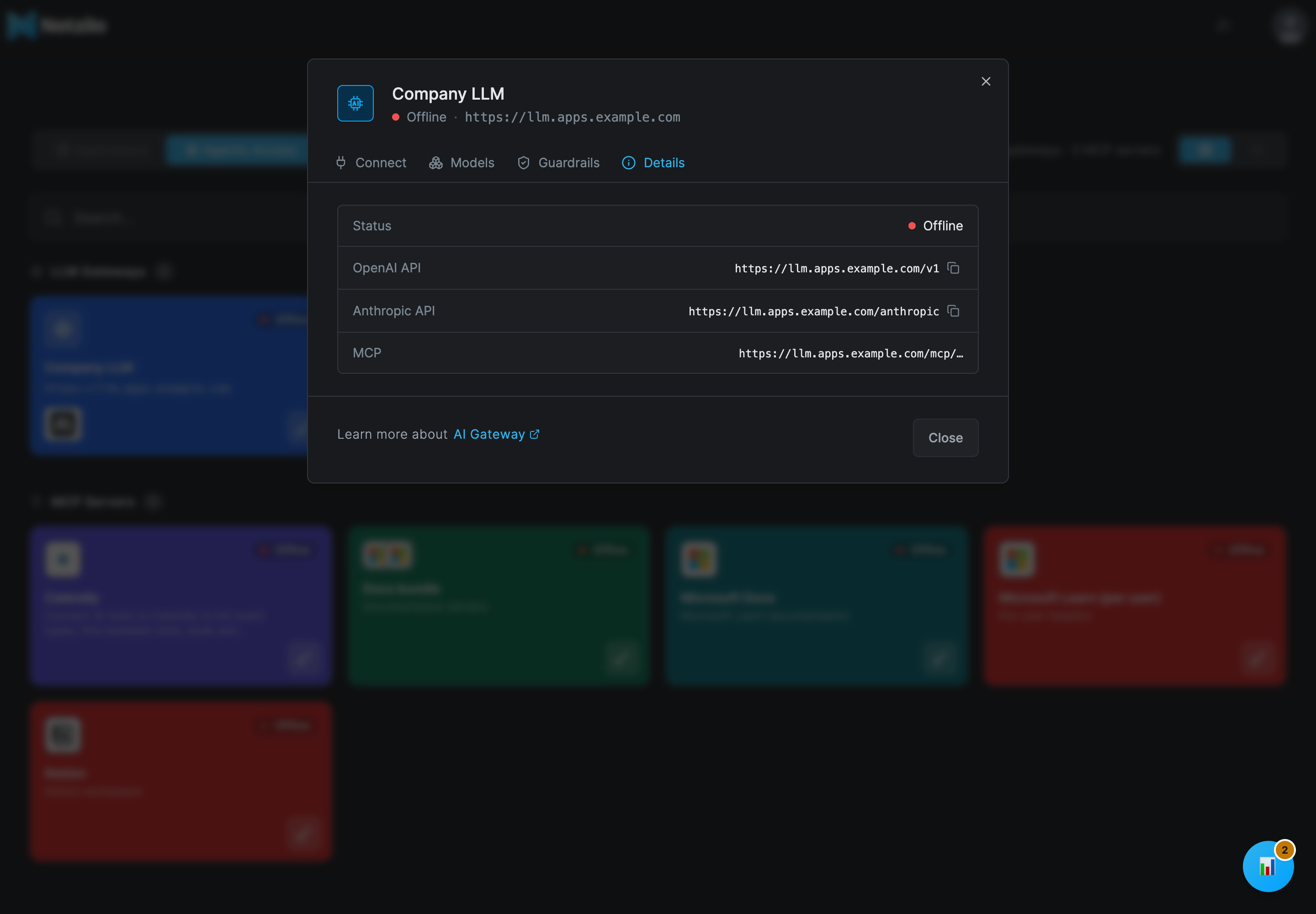 The gateway dialog on the Details tab with the rows Status, OpenAI API ending in /v1, Anthropic API ending in /anthropic, and MCP ending in /mcp/