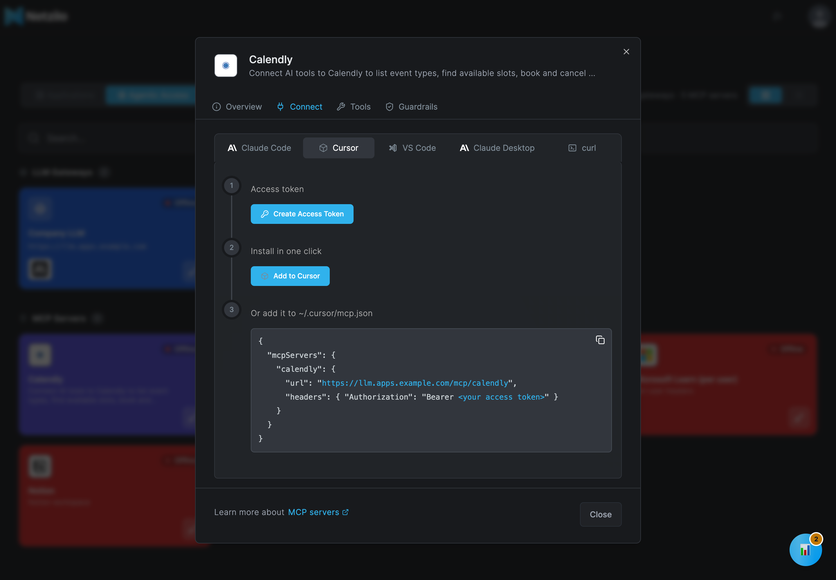 The MCP server dialog on the Connect tab with Cursor selected: step 1 Access token with Create Access Token, step 2 Install in one click with an Add to Cursor button, step 3 Or add it to ~/.cursor/mcp.json with a JSON snippet