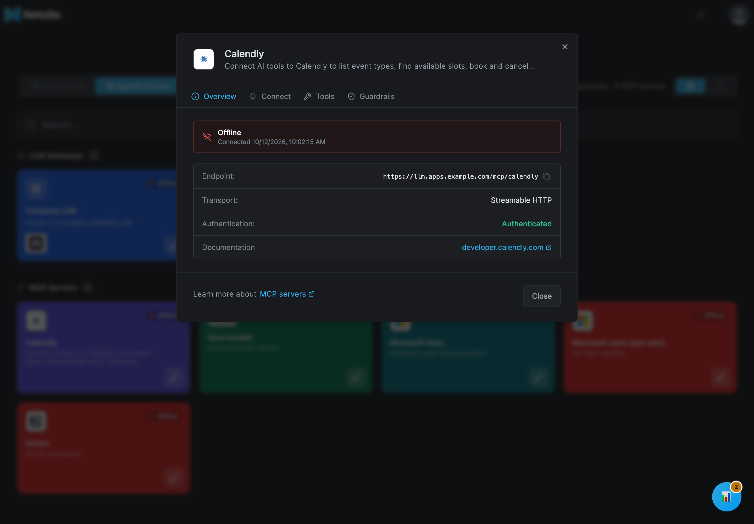 The MCP server dialog for Calendly on the Overview tab, with a status panel and the rows Endpoint ending in /mcp/calendly, Transport Streamable HTTP, Authentication Authenticated, and Documentation