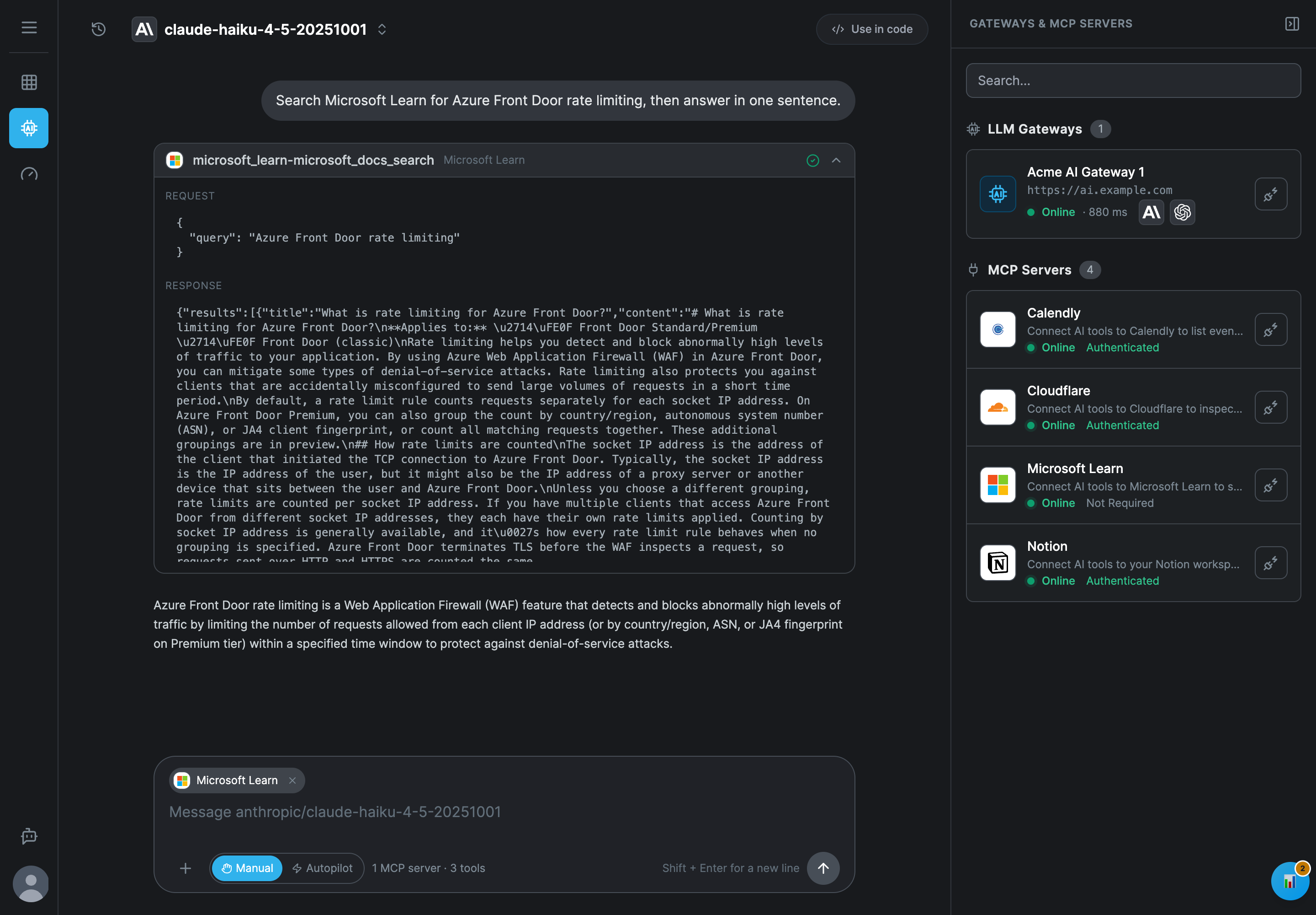 The tool call microsoft_learn-microsoft_docs_search from Microsoft Learn with a green check, opened to show the Request with the query Azure Front Door rate limiting and the Response from the server, followed by the model's one-sentence answer