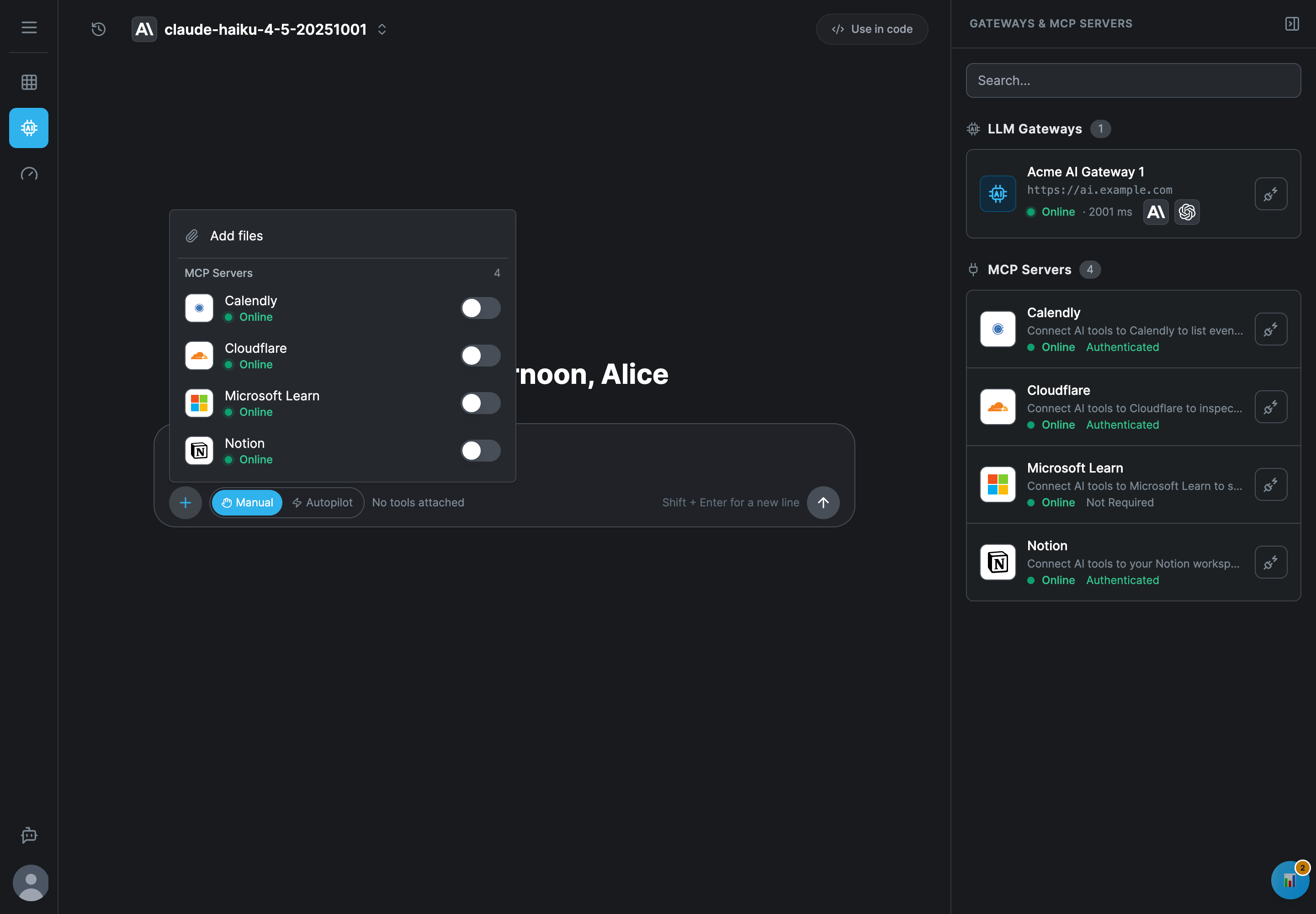 The attachments menu open above the message box, with Add files at the top and a list of MCP Servers with a switch each: Calendly, Cloudflare, Microsoft Learn and Notion, all Online