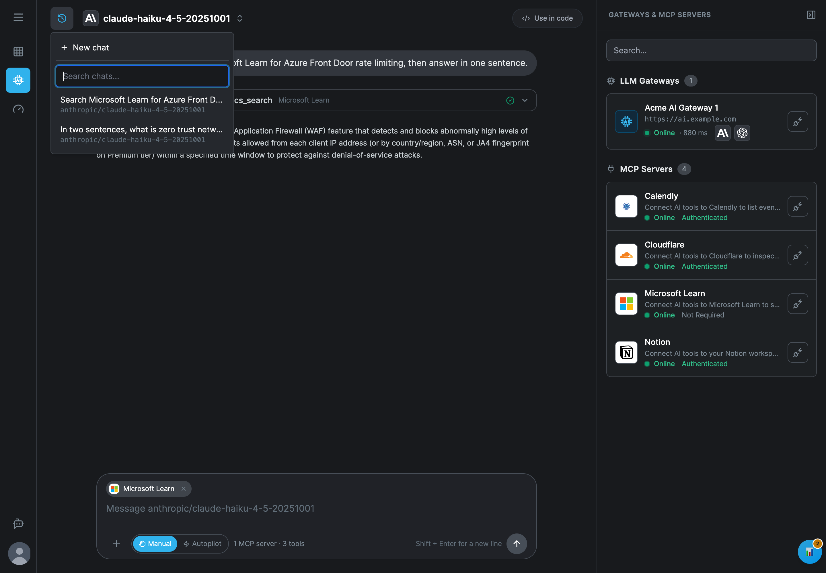 The chat history open under the history button, with New chat at the top, the search box Search chats..., and two conversations, each with its first message and its model